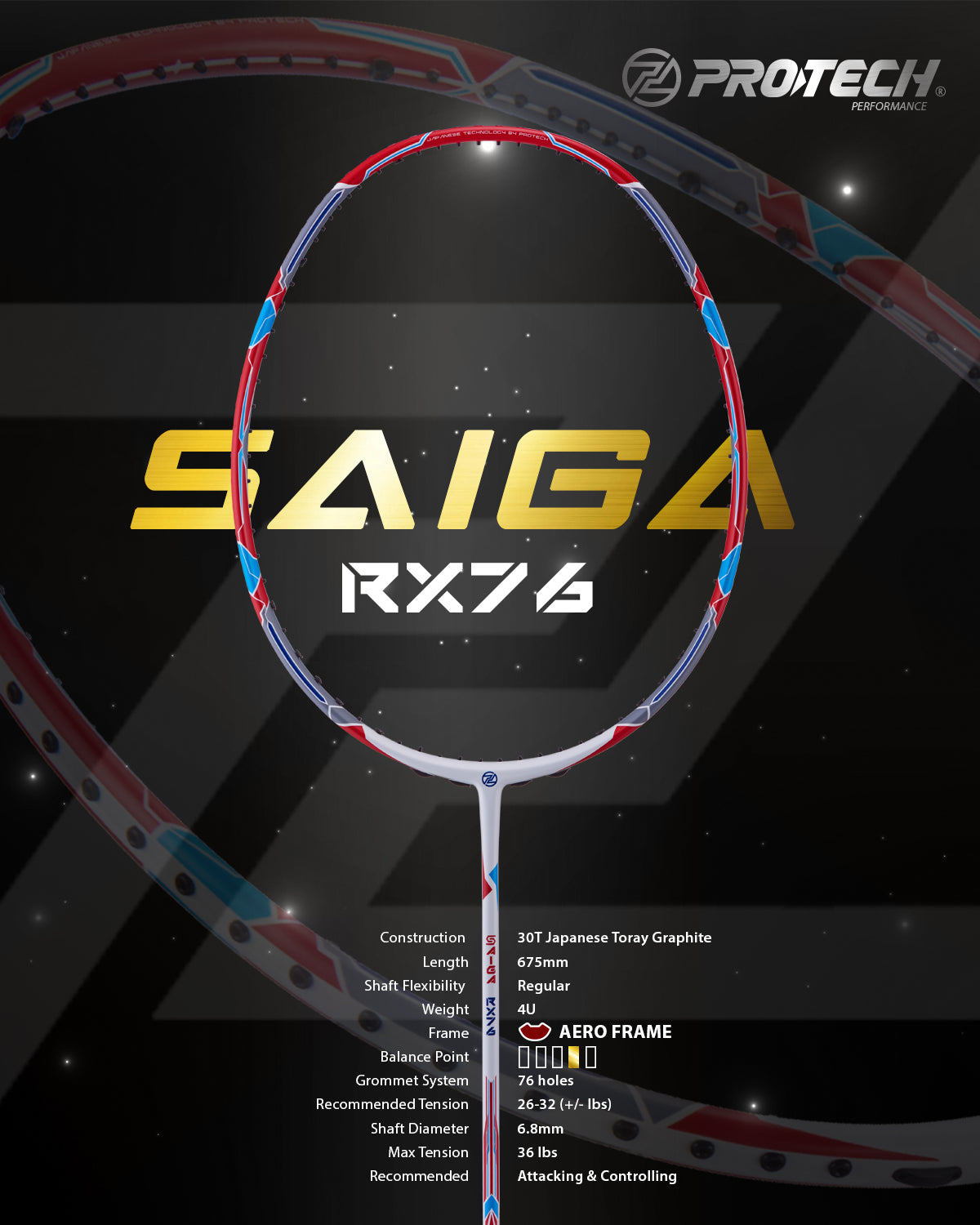 PROTECH BADMINTON SAIGA RX76 | 4UG2 | MAX 36 LBS